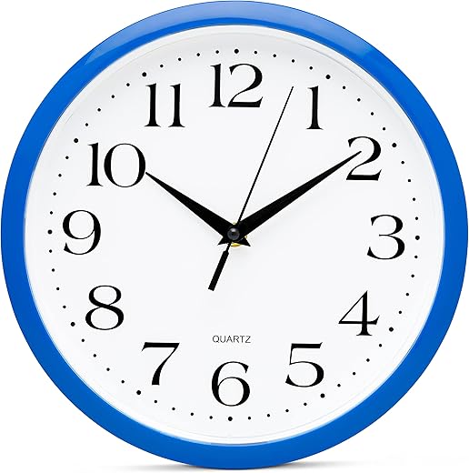 Bernhard Products 10 Inch Blue Quartz Analog Wall Clock - Silent, Easy to Read, Quality Construction, Simple Design, Lightweight, Easy to Hang, Battery Operated