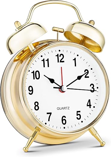 Bernhard Products Analog Alarm Clock Twin Bell 4 Gold Metal Extra Loud Quartz Battery Operated with Backlight, Silent Non-Ticking for Bedside Desk, Vintage Retro Antique Decorative Old School