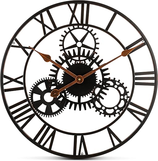 Bernhard Products Extra Large Wall Clock 20 Inch Decorative Wrought Iron, Silent Quartz Industrial Gears Black Rustic Metal Roman Numeral European Steampunk Cog Vintage Distressed Details, Battery