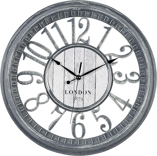 Bernhard Products Large Wall Clock 16 Inch Gray Noiseless Battery Operated Quality Quartz Rustic Farmhouse Shabby Chic Vintage Design for Kitchen/Living Room/Bedroom/Decorative Stylish Clocks