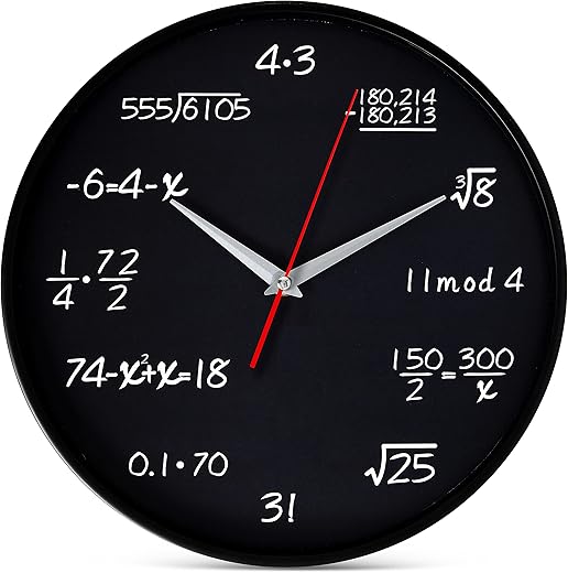 Bernhard Products Math Wall Clock Black 12 Inch Silent Non-Ticking Unique Gift for Teacher/Student/Engineer Graduate Quartz Round Battery Operated, Home Office School Classroom, Mathematical Equations