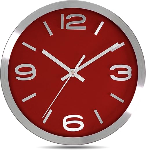 Bernhard Products Metal Wall Clock Modern Silver & Wine 10 Inch Silent Non Ticking, Red Round Elegant Quality Quartz Battery Operated for Home Kitchen Living Room Office, 3D Numbers