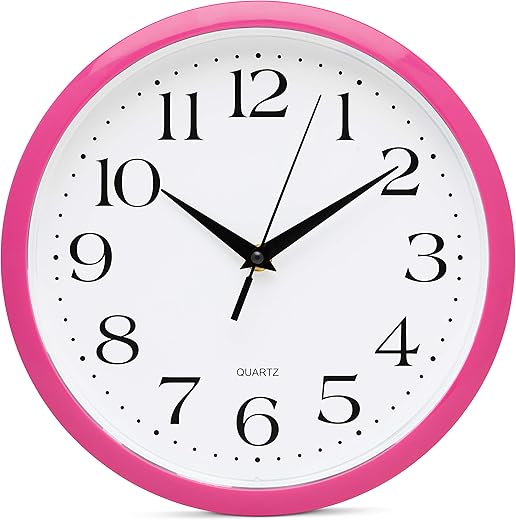 Bernhard Products Pink Wall Clock 10 Inch Silent Non Ticking Battery Operated Quality Quartz Round Easy to Read Home/Office/Kitchen/Nursery/Girl's Bedroom/Classroom/Kids Playroom/School Clock