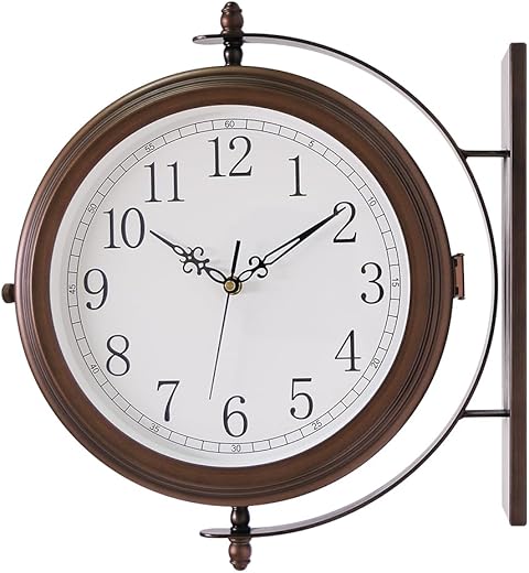 BESTIME 66264A 16-Inch Double Sided Metal Wall Clock with Antique Red Copper.Sturdy Frame,Easy Read,Garden,Home Décor,Indoor,Outdoor,Farmhouse,Yard,Station,Office,Photography Props.