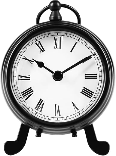 BESTIME AM-07 Black Metal Desk Clock.Small and Exquisite,Easy Read White Dial Black Numerals,Indoor,Elegant,Classy Style,Office,Living,Kitchen,Bedroom,Children's Room.