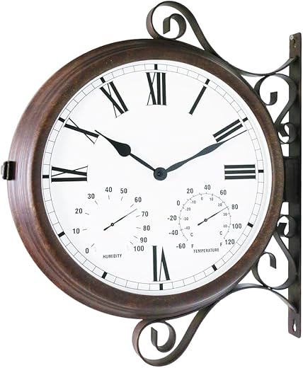 BESTIME MT-32 Three-in-one Double Sided Metal Wall Clock.Quiet,Easy Read,Antique Hanging Clocks,Garden,Indoor,Outdoor,Home Décor,Farmhouse,Station.