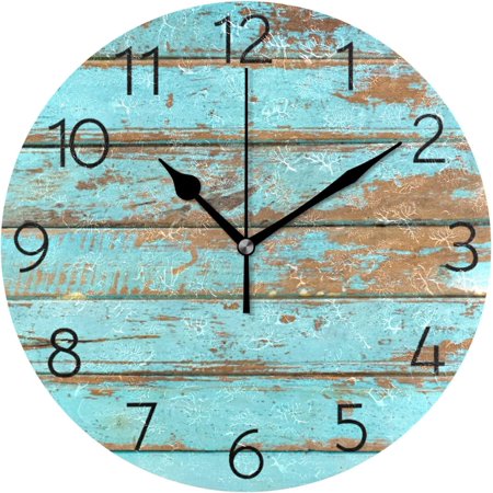 BESTKITTY Blue Retro Old Wood Board Wall Clock Round Silent Non-Ticking [Battery Operated] Easy to Read Clocks for Home Kitchen Office Classroom Living Room Bedroom