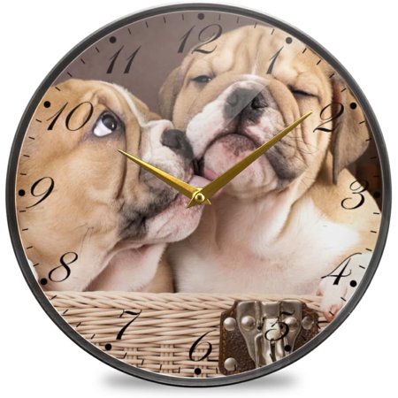 BESTKITTY Bulldog Puppies Dog Wall Clock Silent Non-Ticking Battery Operated Acrylic Painted Arabic Numerals Clocks 11.9 Inch for Home Kitchen Livingroom Office Classroom