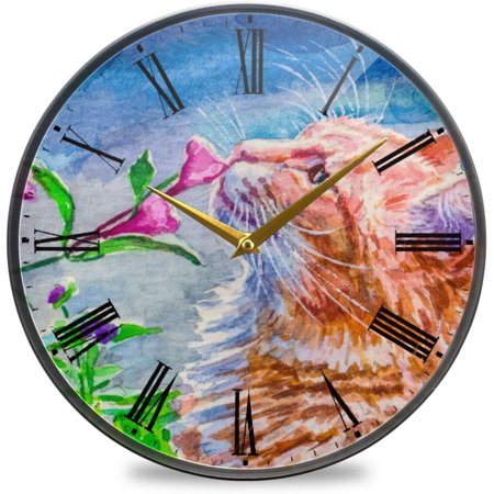 BESTKITTY Cat and Pink Flowers Wall Clock Silent Non-Ticking Battery Operated Acrylic Painted Vintage Roman Numerals Clocks 9.5 Inch for Home Kitchen Livingroom Office Classroom