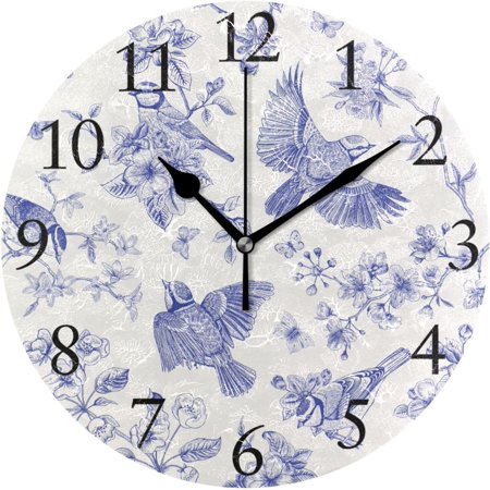 BESTKITTY Chinoiserie Garden Floral Bird Wall Clock 9.8 Inch Silent Round Wall Clock Battery Operated Non Ticking Creative Decorative Clock for Kids Living Room Bedroom Office Kitchen Home Decor