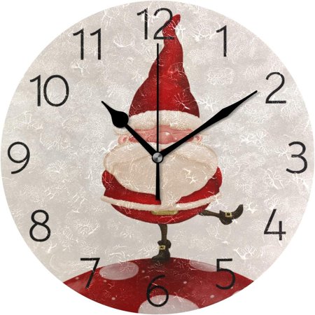 BESTKITTY Christmas Santa Claus on Big Red Fungus Wall Clock 9.8 Inch Silent Round Wall Clock Battery Operated Non Ticking Creative Decorative Clock for Kids Living Room