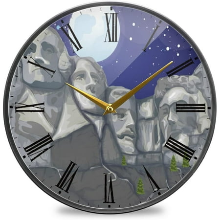 BESTKITTY Mount Rushmore Cartoon Landscape Wall Clock Silent Non-Ticking Battery Operated Acrylic Painted Vintage Roman Numerals Clocks 9.5 Inch for Home Kitchen Livingroom Office Classroom