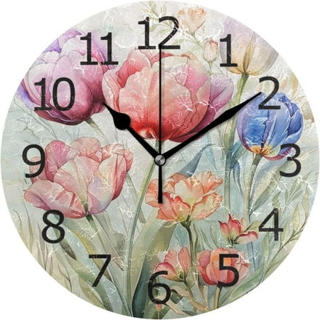 BESTKITTY Non-Ticking Round Clock, Garden Flowers Rose Tulips Watercolor Leaf Decorative Battery Operated Wall Clock for Desktop Break Room Apartment Shop