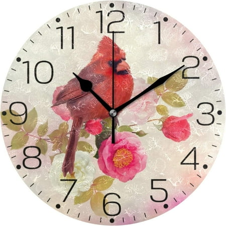 BESTKITTY Northern Cardinal Bird Wall Clock 9.8 Inch Silent Round Wall Clock Battery Operated Non Ticking Creative Decorative Clock for Kids Living Room Bedroom Office Kitchen Home Decor