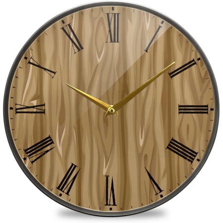 BESTKITTY Old Brown Wood Texture Wall Clock Silent Non-Ticking Battery Operated Acrylic Painted Vintage Roman Numerals Clocks 9.5 Inch for Home Kitchen Livingroom Office Classroom