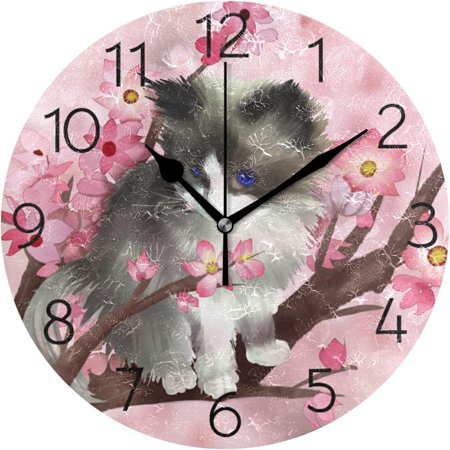 BESTKITTY Pating Pink Floral Cat Wall Clock Round Silent Non-Ticking [Battery Operated] Easy to Read Clocks for Home Kitchen Office Classroom Living Room Bedroom