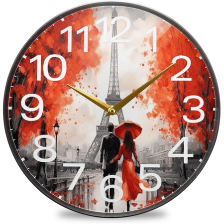 BESTKITTY Red Paris Street Wall Clock 10 Inch Silent Non Ticking Round Clock, Easy to Read Clock for Living Room Bedroom Bathroom Home Decor