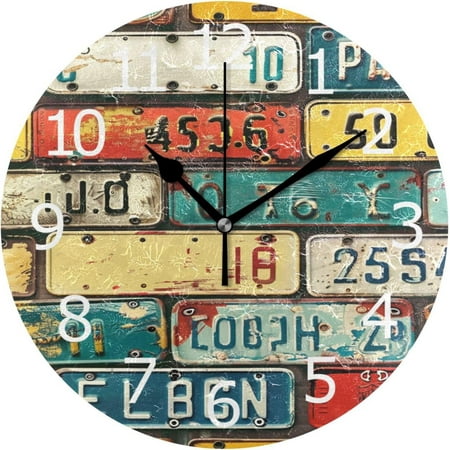 BESTKITTY Retro Auto License Plates Clock Acrylic Painted Silent Non-Ticking Round Wall Clock Home Art Bedroom Living Dorm Room Decor