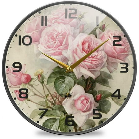 BESTKITTY Rose Wall Clocks Vintage Battery Operated Retro Pink Floral Non Ticking 10 inch Clock Silent Art Bedroom Kitchen Clock Atomic Analog Clocks Home Decor for Girls Kids