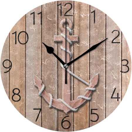 BESTKITTY Vintage Wooden Anchor on Wall Wall Clock 9.8 Inch Silent Round Wall Clock Battery Operated Non Ticking Creative Decorative Clock for Kids Living Room Bedroom Office Kitchen Home Decor