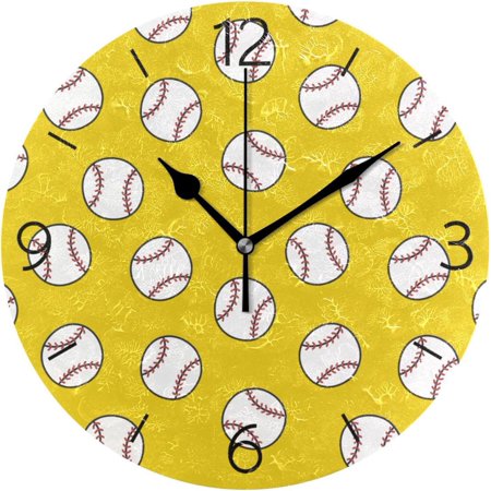 BESTKITTY Wall Clock Baseball Pattern on Yellow Round Clock for Bedroom Living Room Classroom Decorative