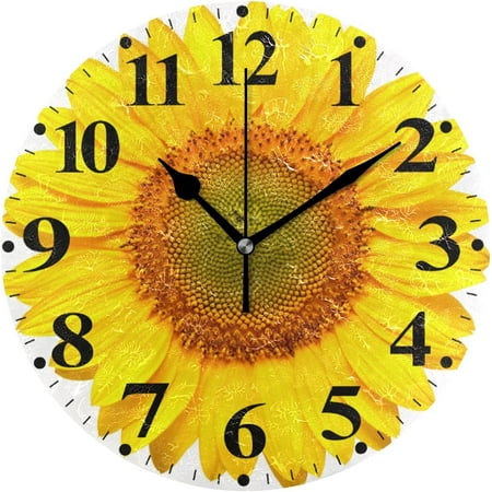 BESTKITTY Yellow Flower Sunflower Printed Round Wall Clock 9.8 Inch Battery Operated Decor Clock for Living Room