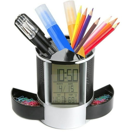 bestolf Office LCD Alarm Clock Time Temperature Display Pen Pencil Holder Desk Organizer