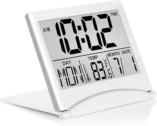 Betus Digital Travel Alarm Clock - Foldable Calendar Temperature Timer LCD Clock with Snooze Mode - Large Number Display, Battery Operated - Compact Desk Clock(Silver, No Backlight)