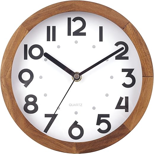 BEW Small Wall Clock, 8 Inch Retro Decorative Wooden Wall Clock, Silent Non-Ticking Analog Round Hanging Clock for Kitchen, Living Room, Bedroom, Natural Wood Finish