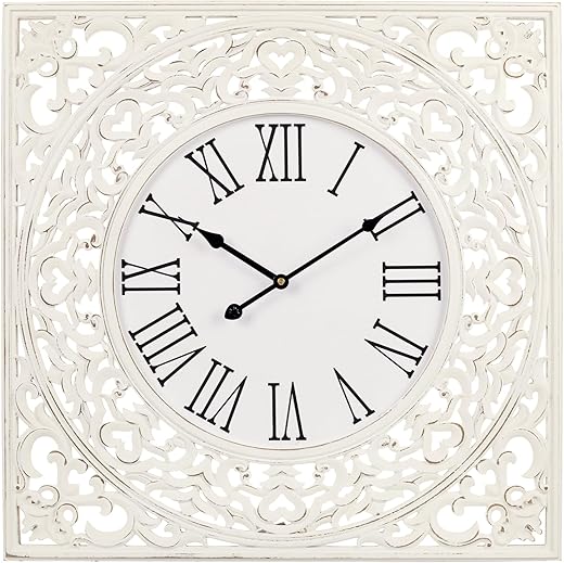 BEW Wall Clocks for Living Room Decor, 24 inch Large White Wood Square Wall Clock Battery Operated, Vintage Farmhouse Distressed Ornate Carved Decorative Wall Clock for Bedroom, Kitchen, Office