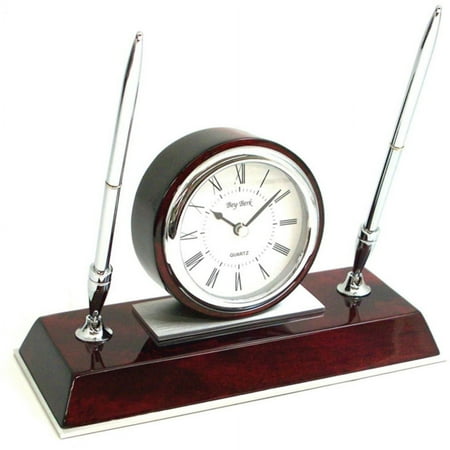 Bey-Berk International Rosewood Desk Clock with Pen Set