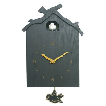 Black-Birdhouse Modern Cuckoo Clock Natural Bird Call Pendulum Wall Clock Kids Gifts - Battery Operated