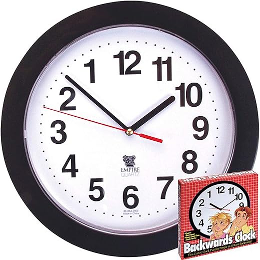 Black Backwards Wall Clock, Runs Counterclockwise and Reverse