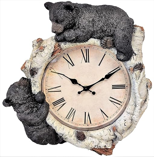 Black Bear Cubs on Birch Woodland Style Wall Clock Cabin Lodge Decoration 13.3" (H)