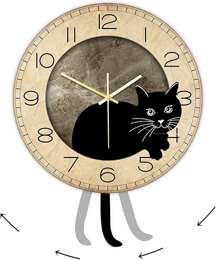 Black Cat Pendulum Wall Clock, Funny Cat Swinging Clock with Moving Tail Silent Non Ticking Battery Operated Creative DIY Cat Acrylic Wall Clock with Pendulum Swing Tail Gift for Cat Lovers