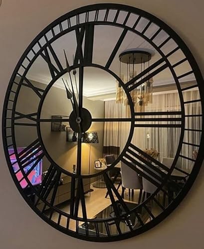 Black Large Mirror Wall Clock Real Silver Mirror Wall Clock,Modern Clocks for Wall, Big Clock Silent Non Ticking,Home Decor,Battery Operated (19,7 Inches, Silver-Black)