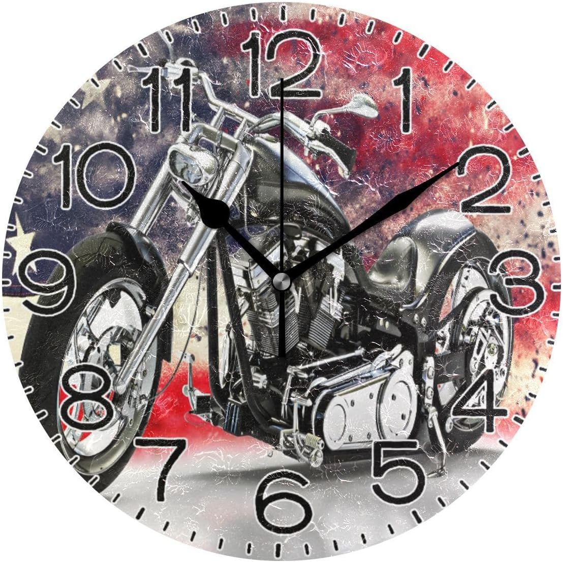 Black Motorcycle with American Flag Wall Clock Battery Operated Non Ticking Silent Quartz Analog Rustic Farmhouse Round Clock Retro Decor for Home Kitchen Living Room Bathroom