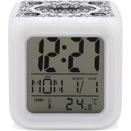 Black Polish Floral Rooster Folk Art On White Mini Digital Alarm Clocks, Led Night [3673]