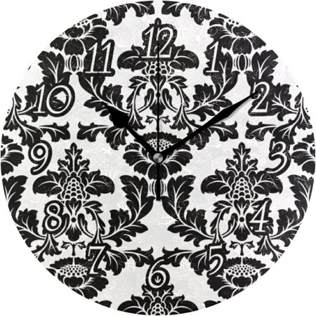 Black Seamless Damask Flowers Ornate Seamless On White Wall Clock, Silent Non-Ticking Easy To Read Round Decorative Wall Clock With Black Hands For Home Office School 9.5 In Diameter