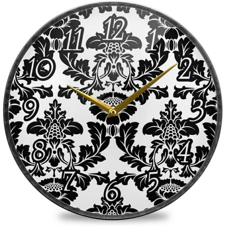 Black Seamless Damask Flowers Ornate Seamless On White Wall Clock, Silent Non-Ticking Easy To Read Round Decorative Acrylic Wall Clock Art, For Living Room Home Office School 9.5 Inch