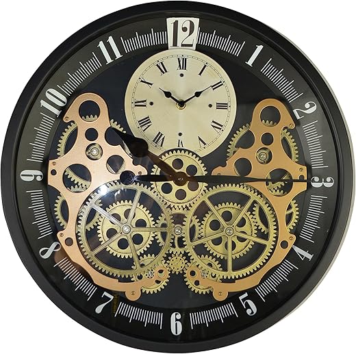 Black Skeleton Dual Time Zone Wall Clock with Moving Gears