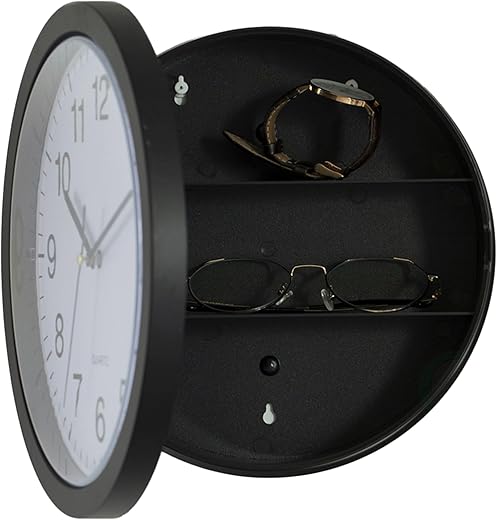 Black Wall Mounted Clock with Door for Storage Secret Interior Compartment, Hidden Safe for Storing Valuables