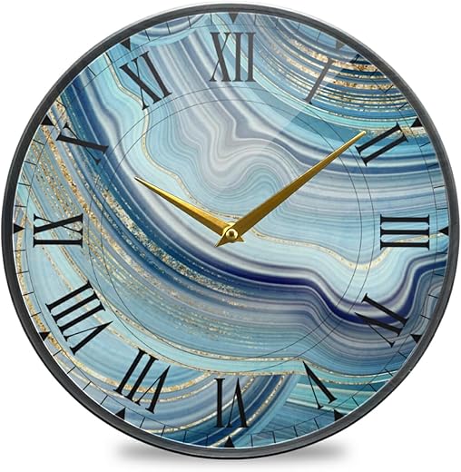 Blue Agate Marble Round Glass Wall Clock Non Ticking Decorative 11.9 Inch Decorative Clock Art for Bedroom Living Room Kitchen School