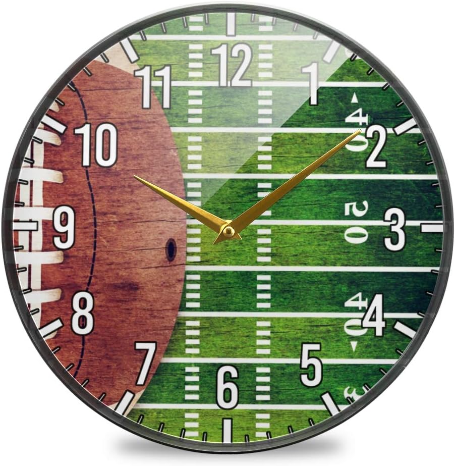 Blueangle American Football Pattern Wall Clock 12 Inch, Silent Non-Ticking, Round Acrylic Decor Clock for Bedroom/Office/Nursery Room