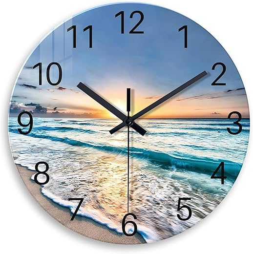 Blue Beach Wall Clock for Bathroom - Glass Wall Clocks Battery Operated 12 Inch - Analog Silent Wall Clock for Living Room Kitchen Office