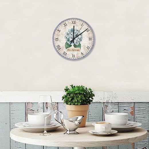 Blue Hydrangea Wall Clocks 10 Inch, Desk Clock Kitchen Wall Clock Non Ticking Round Clock for Living Room,Office