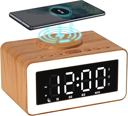 Bluetooth Alarm Clocks with Wireless Charging, 0-100% Dimmer LED Night Light, 2 Alarm Settings, 12/24H, 9 Mins Snooze, Wooden Digital Alarm Clock for Bedrooms, Office, Travel (Wood Grain)