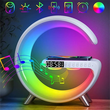 Bluetooth Speaker LED Alarm Clock.RGB Colorful Atmosphere Night Light Lamp.Sunrise Simulation Wake Up.15W Wireless Phone Charger