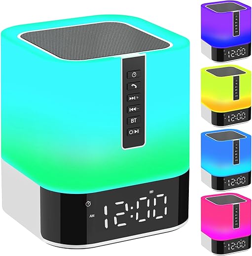 Bluetooth Speaker with Night Light, 5 in 1 Alarm Clock, 48 Color Changing Touch Bedside Lamp , Bedroom Wireless Speaker, Cool Stuff Gift Ideas for 10 11 12 13 14 15 Year Old Teenage Girls/Boy