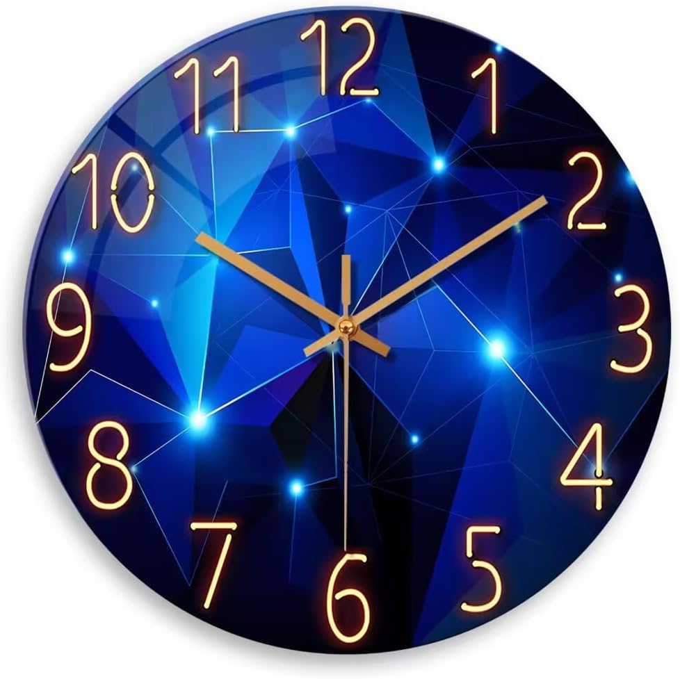 Blue Wall Clock Battery Operated - 14 Inch Modern Wall Clock Non Ticking - Glass Clock for Bedroom Living Room Office Kitchen Dining Room